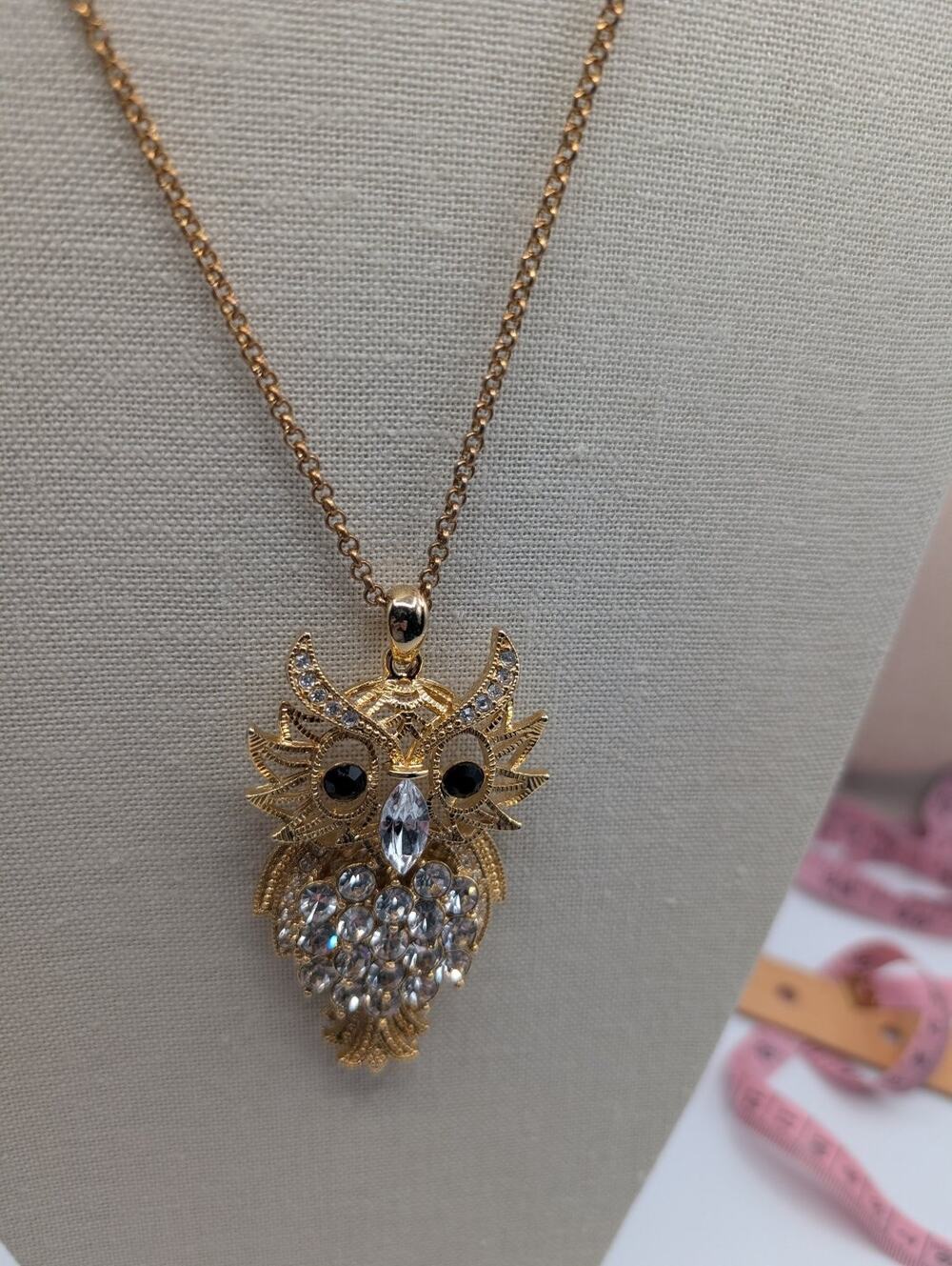 ORS Gold Tone Owl Pendant Necklace with Clear & Black Rhinestones Fashion
